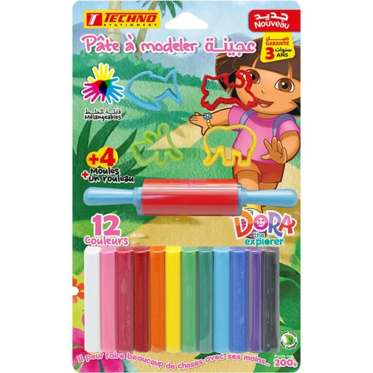 Pâte à Modeler TECHNO de 12 Couleurs avec 4 Moules et Rouleau sous Blister