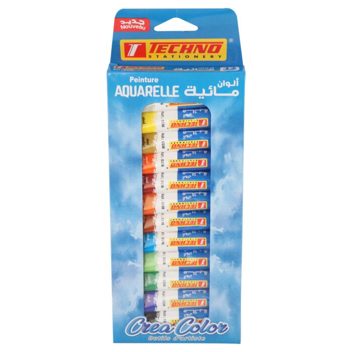 Boite de 12 Tubes de Peinture Aquarelle TECHNO CreaColor 12ml