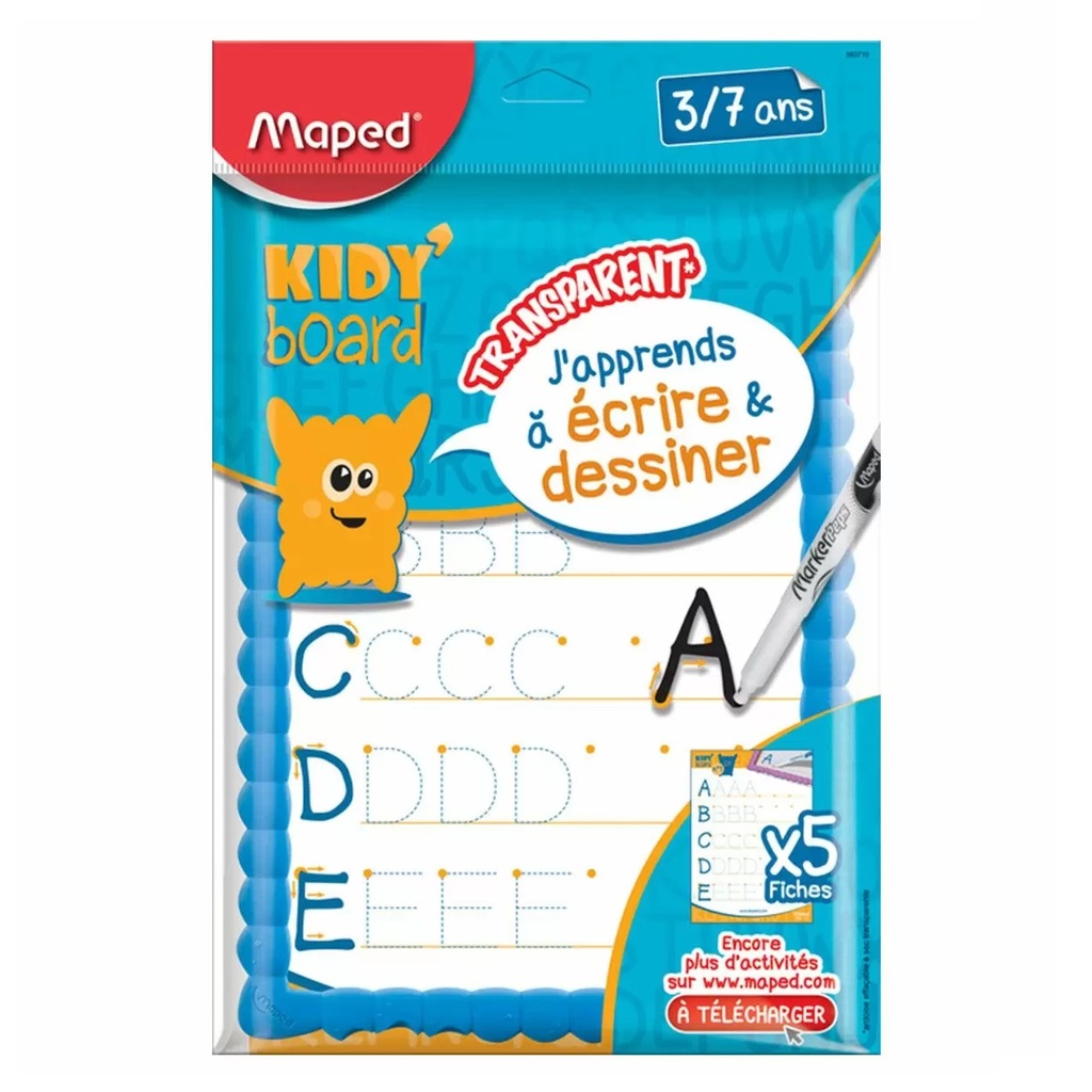 Ardoise MAPED Kidy Board Transparente avec Feutre 5 Fiches Chiffonnette