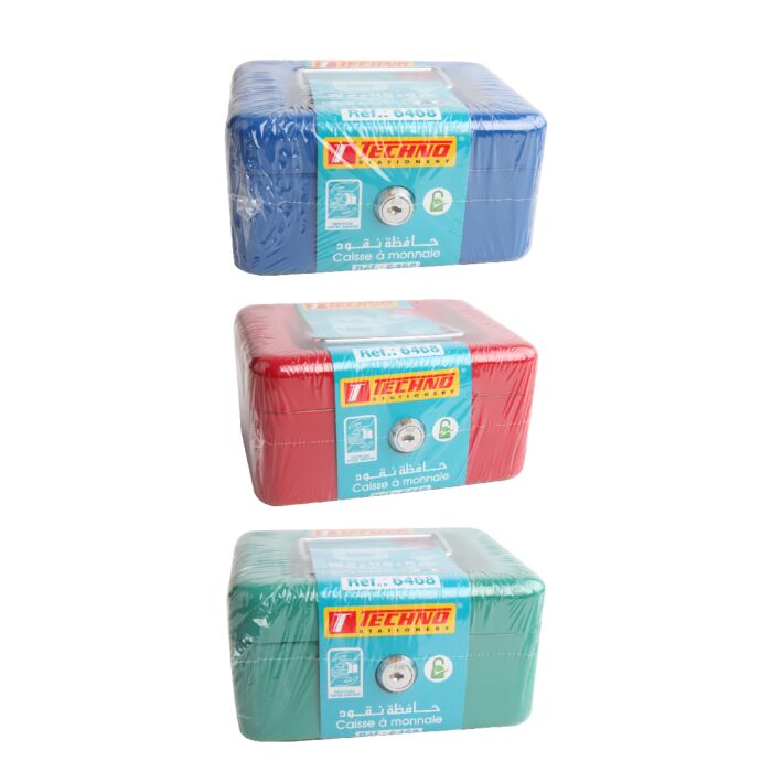 Caisse à Monnaie TECHNO Métallique à Clé 03 Compartiments Multi-Couleurs