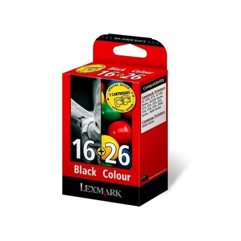 Pack de 2 Cartouches D'encre LEXMARK N°16 Noir N°26 Pour Imprimantes X75 , X2250 , X1190 , X1270 , i3 , Z33 , Z605 , Z615 , Z640