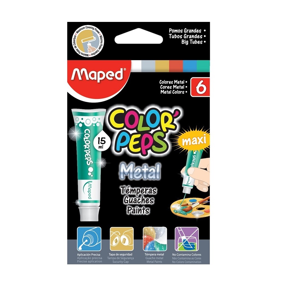 Boite de Peinture MAPED Color'Peps Gouache Lavable 15 ml de 6 Tubes Métallique