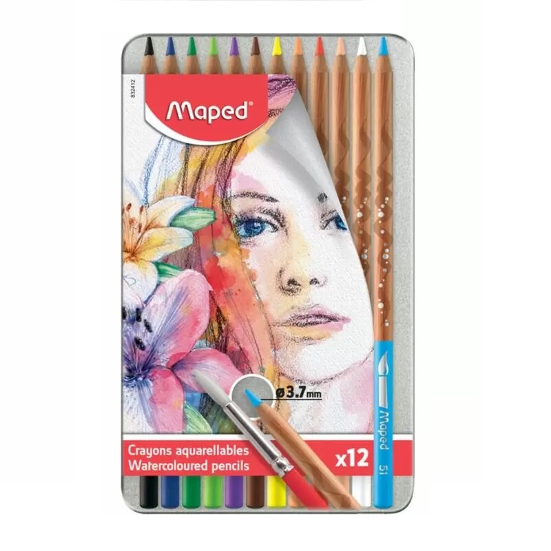 Crayons De Couleur MAPED Aquarellables Boite Métallique De 12 Avec Pinceau