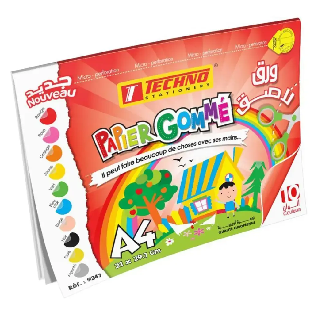 Papier Gommé TECHNO A4 Autocollant Multi-Couleurs Brillant Pochette de 10 Feuilles