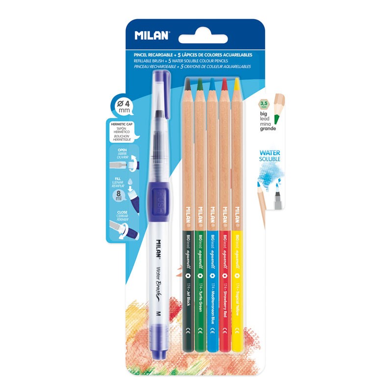 Blister Pinceau M Synthétique Rond 4mm à Réservoir D’eau Rechargeable de 8 ml Water Brush MILAN et 5 Crayons Aquarelles 3.5mm