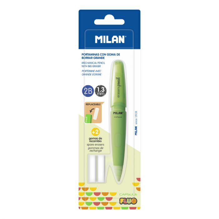 Porte Mine MILAN Capsule Fluo 1.3mm 2B avec 2 Gommes de rechange sous Blister