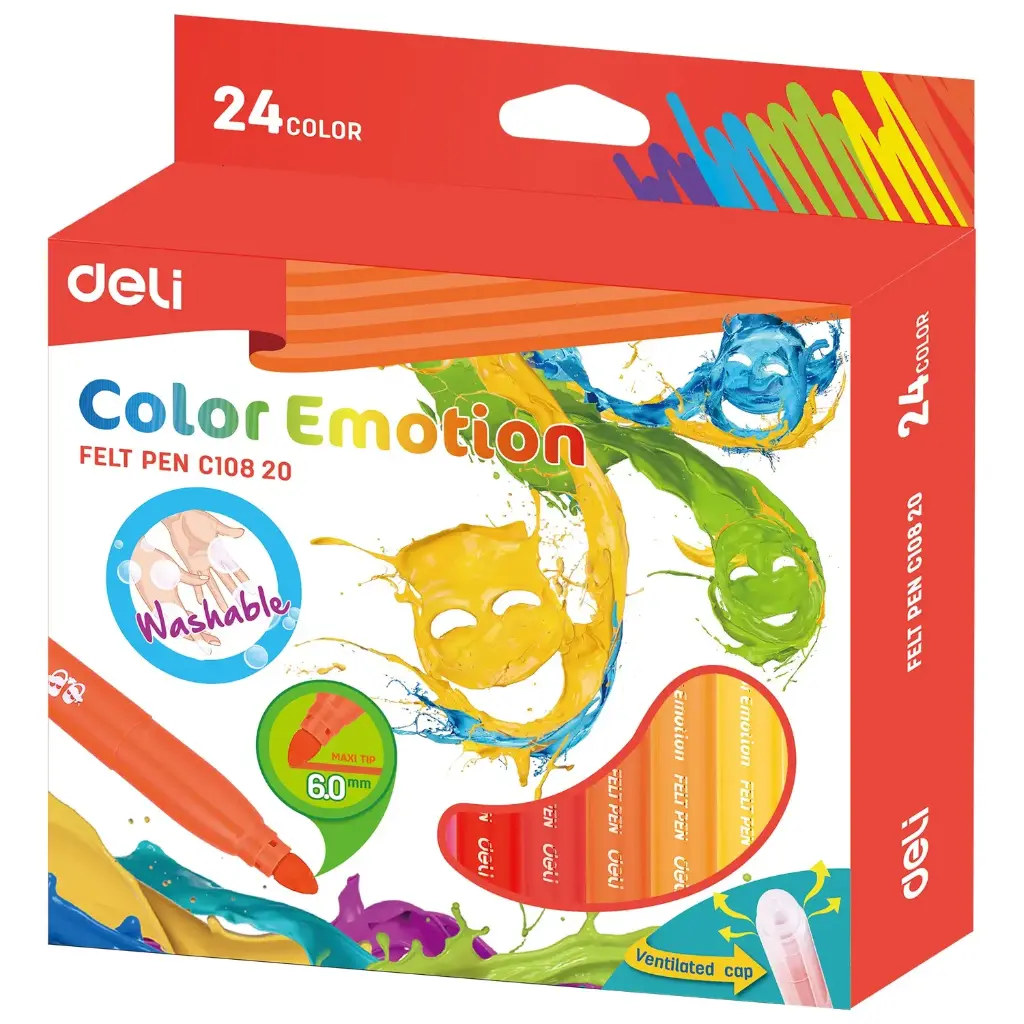 Stylo Feutre DELI Color Emotion Lavable Boite de 24 Couleurs 