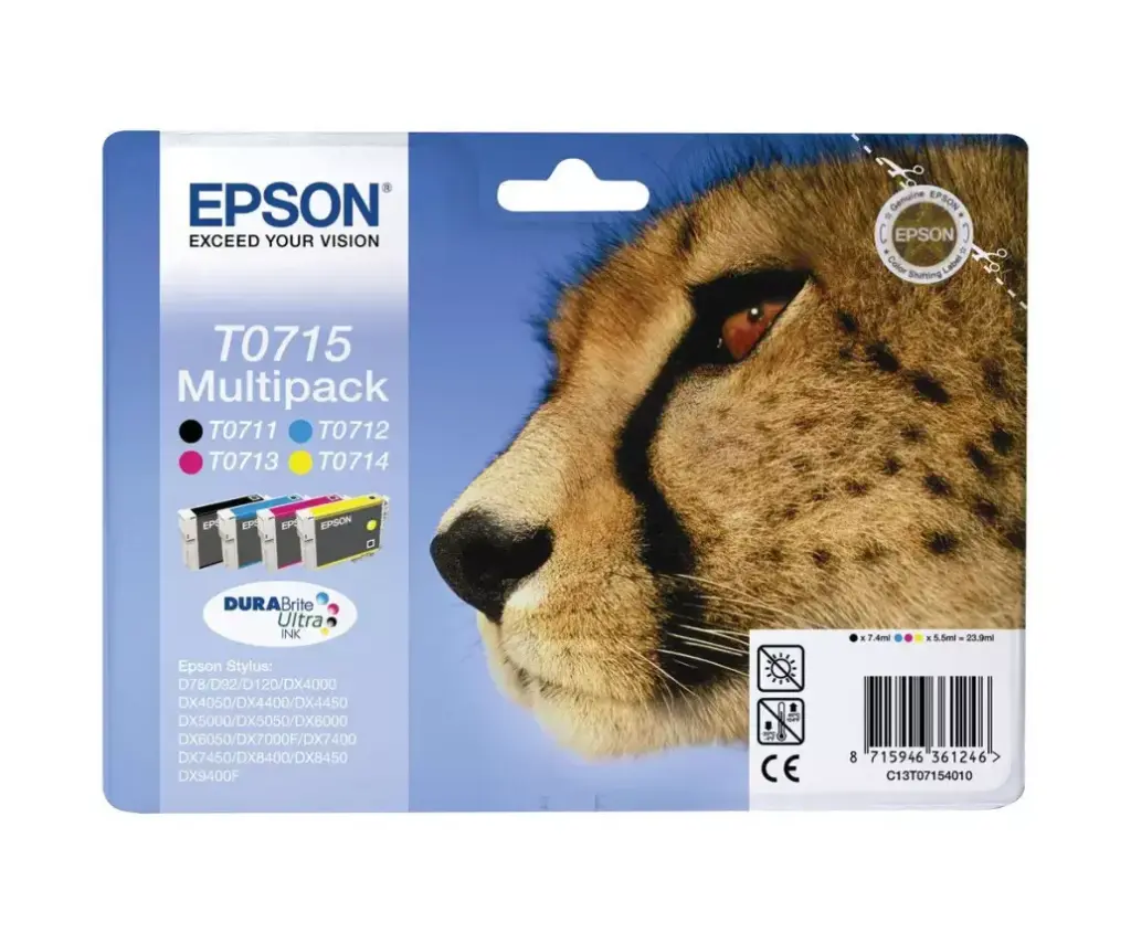 Pack de 4 Cartouches D'encre EPSON Guépard T0715 Noir CYM BK pour imprimantes Stylus D78 ,  92 , 120 , DX4000 , 4400 , 5000 , 6000 , 7000 , 7400 , 8400 , 9400