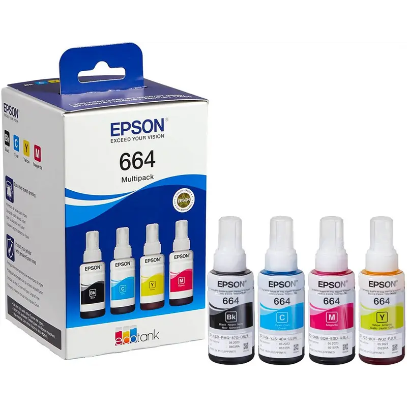 Pack de 4 Bouteilles D'encre EPSON 664 Couleur CMYN Pour Imprimantes L110 L130 L210 L220 L300 L365 L1300 
