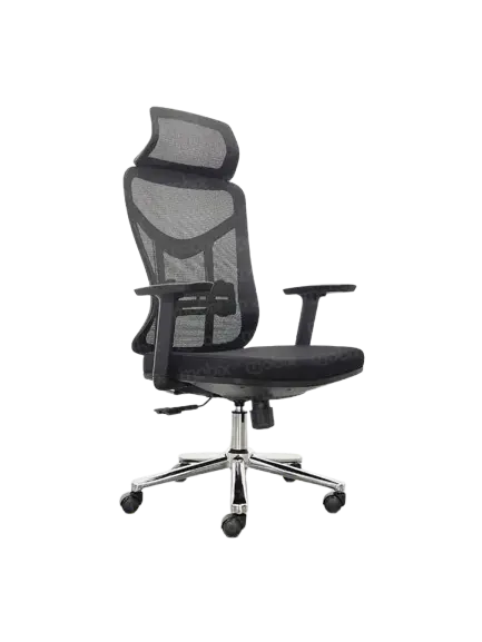 Chaise Directionnelle Filet avec Accoudoirs en Plastique à Hauteur Réglable Noir et Repose Tête Piétement Métallique Chromé