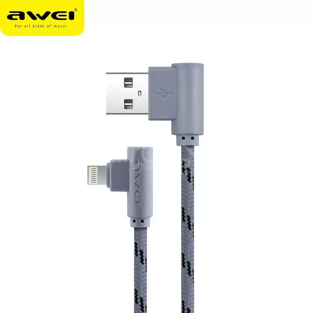 Câble Data AWEI CL91 L Type Lightning-USB Forme De L Fast Charge 5V-2A Fil 1m Robuste Tressé En Nylon De Haute Résistance Anti-casse Pour Smartphone iOS Gris