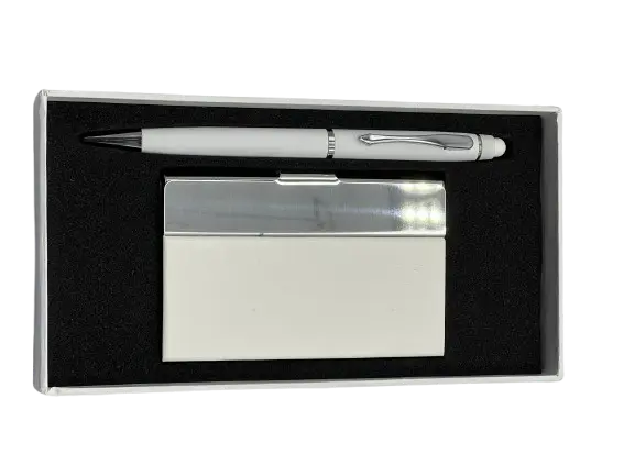 Coffret Emotion RIDEX 2 Pièces Stylo Tactile En Métal Porte Carte Visite Blanc