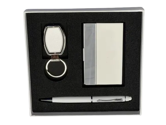 Coffret RIDEX Emotion de 3 Pièces Stylo-stylet Porte Carte Visite En Métal Porte Clé Chromé Blanc