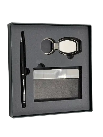 Coffret RIDEX Emotion 3 pièces Stylo-stylet Porte Carte Visite en Simili Cuir Porte Clé Chromé Noir