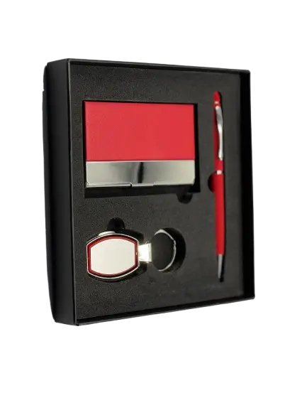 Coffret RIDEX Emotion 3 pièces Stylo Stylet Porte Carte Visite En Simili Cuir Porte Clé Chromé Rouge