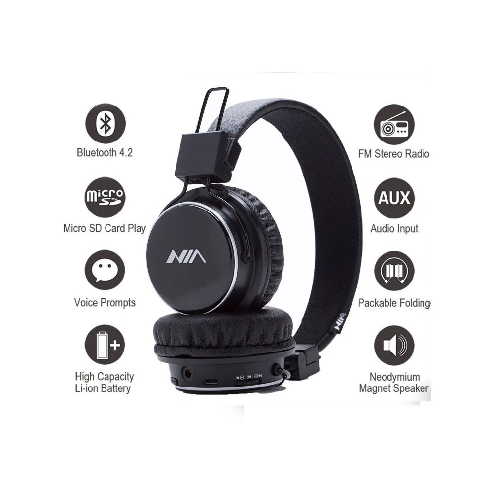 Casque Sans Fil NIA Q1 Bluetooth v4.2 App Stéréo Mains Libres Entrée Audio AUX Rechargeable Via MicroUSB Ajustable Pliable Noir