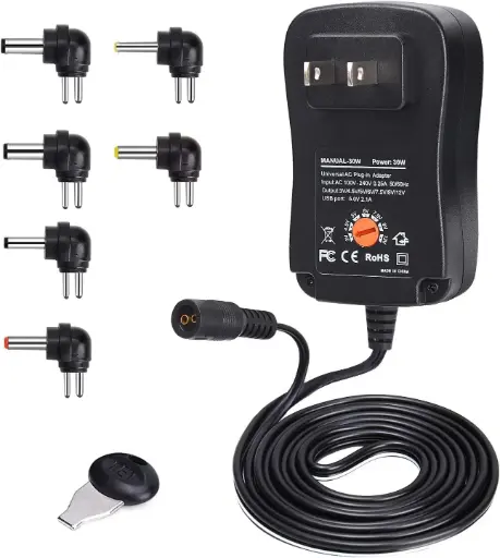[TRSF-6ADP30W/1818] Transfo Universal Adapter USB Voltage Réglable de 3 à 12V 30W avec 6 Connecteurs Adaptateurs Interchangeable
