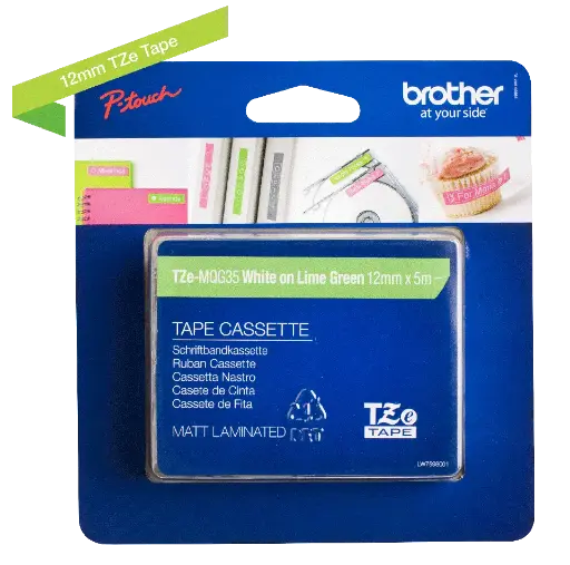[TZEMQG35] Recharge BROTHER 12mm Blanc Sur Vert Mat pour PT-H300