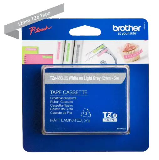 [TZEMQL35] Recharge BROTHER 12mm blanc sur gris mat pour PT-H300