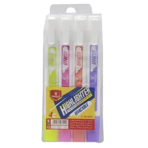 [V-301003P] Marqueur Fluorescent VERTEX Effaçable Double tête Feutre/Effaceur Multi-Couleurs Jeu de 04