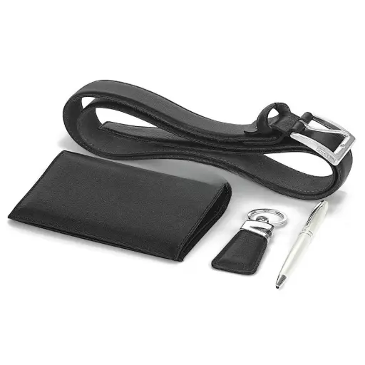 [V7601-1NO] Coffret 5 Pièces VERTEX Porte Chéquier Stylo Porte Clé Ceinture Porte Feuille Noir