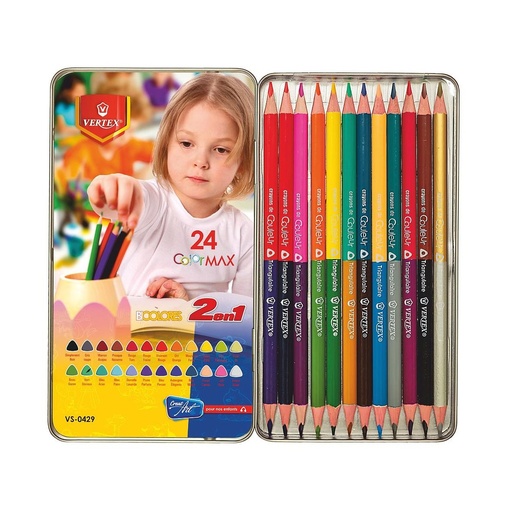[VS-0429] Crayons De Couleur VERTEX Double Tête Boite Métallique De 12