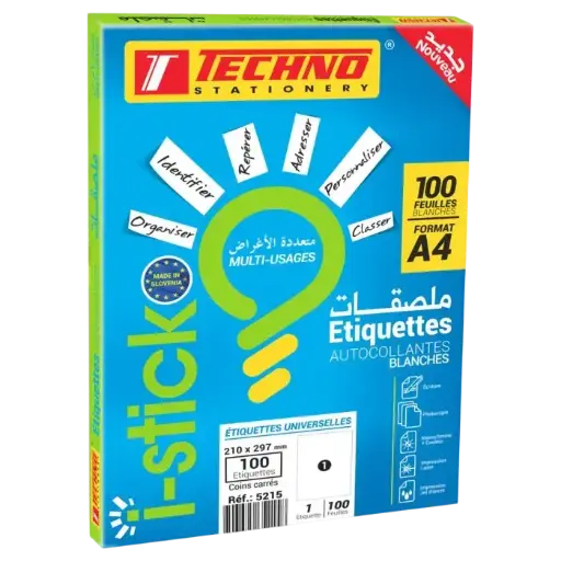 [5215] Rame Papier Autocollant TECHNO 100 Feuilles A4 Blanc 