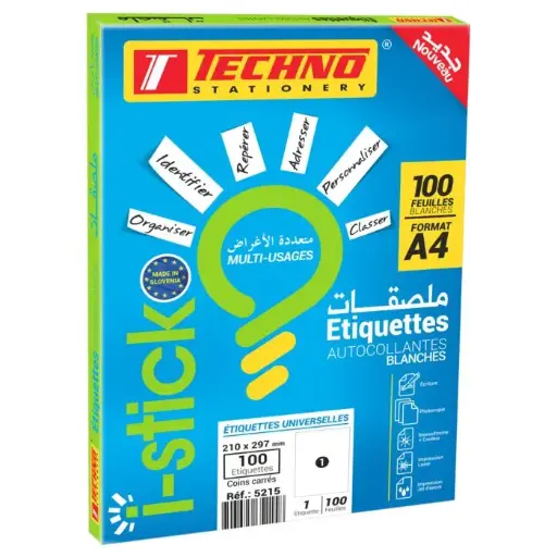 [5215] Rame Papier Autocollant TECHNO 100 Feuilles A4 Blanc 