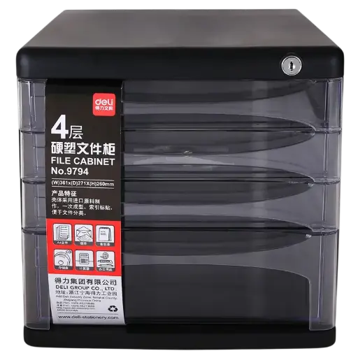 [9794N] Bloc de Rangement DELI à 4 Tiroirs avec Clé 361x271x260mm Noir