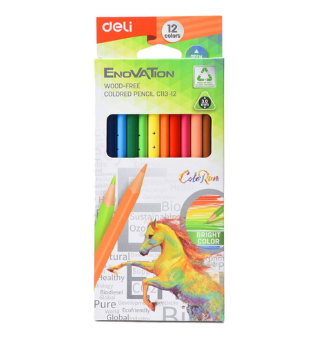 [C113-12] Crayons De Couleur DELI Enovation Wood Free Boite De 12