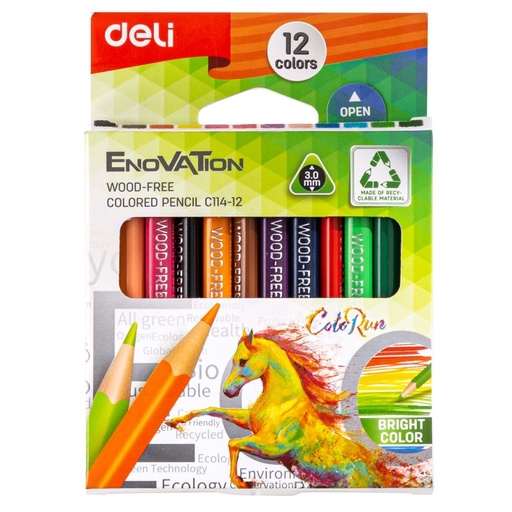 [C114-12] Crayons De Couleur DELI Enovation Wood Free Boite De 12 Mini