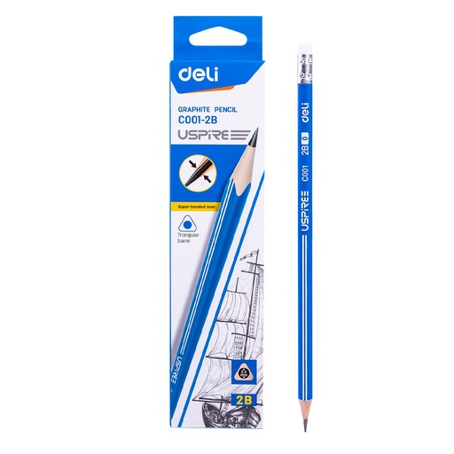 [C001-2B] Crayon Noir Scolaire DELI Uspire 2B avec Gomme