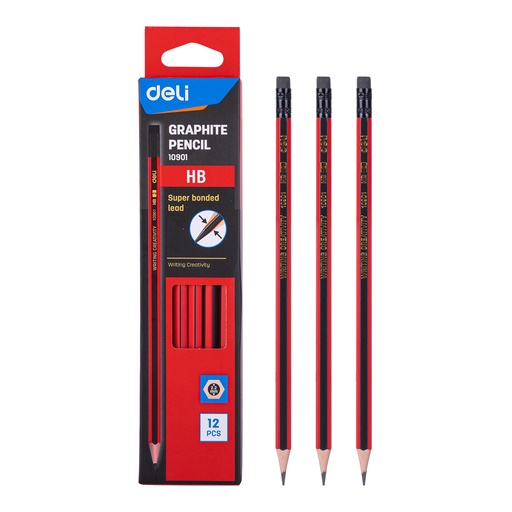 [10901] Crayon Noir Graphite DELI HB Hexagonal avec Gomme