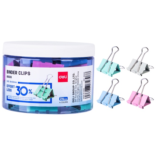[E8553S] Binder Clips DELI Effortless 32mm Boite de 24 Pièces Multi-Couleurs