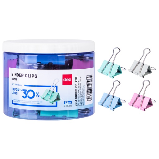 [E8551S] Binder Clips DELI Effortless 50mm Boite de 12 Pièces Multi-Couleurs