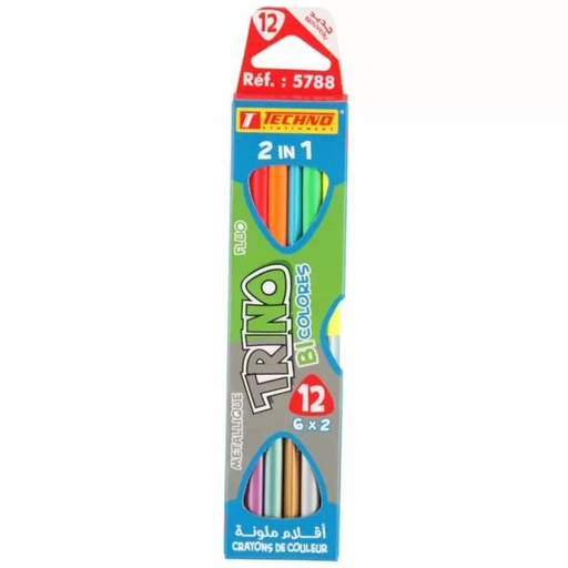 [5788] Crayons De Couleur TECHNO Trino Bicolores Double Tête Fluos Métallisées Boite De 12