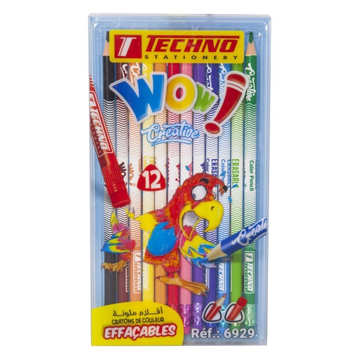 [TECHNO-6929] Crayons De Couleur TECHNO Wow Crea Effaçable Boite De 12