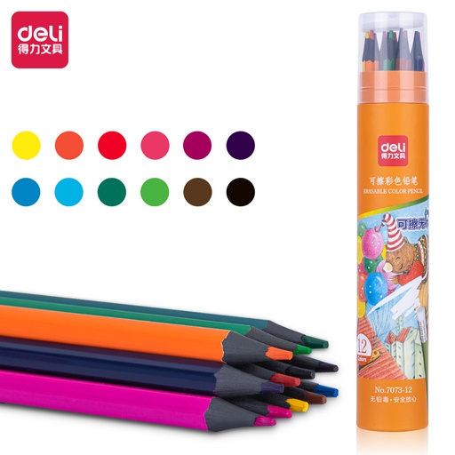 [7073-12] Crayons De Couleur Effaçable DELI Boite En Tube De 12