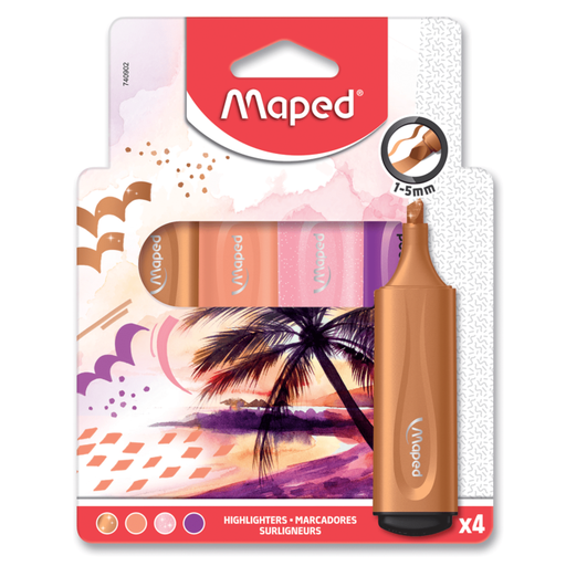 [740902] Marqueurs Fluorescent MAPED FLUO'PEPS Fluo et Pastel en Biseau Multi-Couleurs Pochette De 04