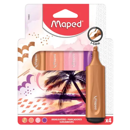 [740902] Marqueurs Fluorescent MAPED FLUO'PEPS Fluo et Pastel en Biseau Multi-Couleurs Pochette De 04