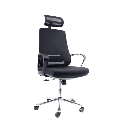 [OP-STARADA] Chaise Directionnelle STRADA Filet Avec Accoudoirs En Plastique Noir Et Repose Tête Piétement Métallique Chromé