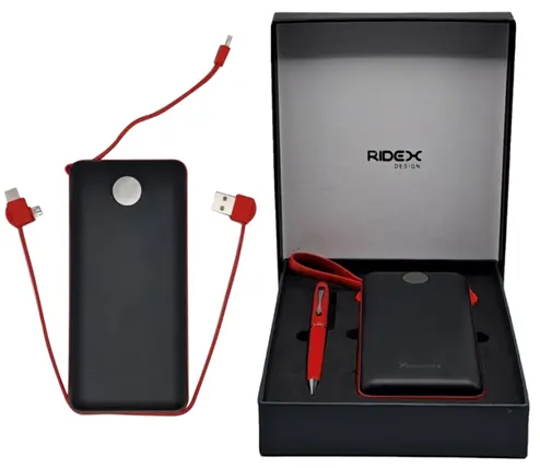 [KIONI66/2PCS-R] Coffret RIDEX Design KIONI66 2 Pièces Power Bank 20000mah avec Câble Stylo Gommé en Métal Rouge