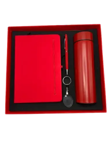 [COF4-ROUGEOIS-R] Coffret Luxe RIDEX Design ROUGEOIS 4 Pièces Notebook A5 En PU Shop Isotherme Avec Affichage Digital Stylo En Métal Porte Clé Crystal Rouge