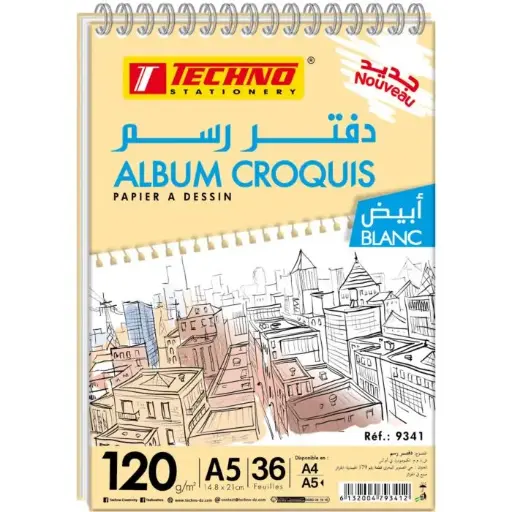 [9341] Bloc de Dessin TECHNO Album Croquis A5 14.8x21cm 36 Feuilles 120g/m² 