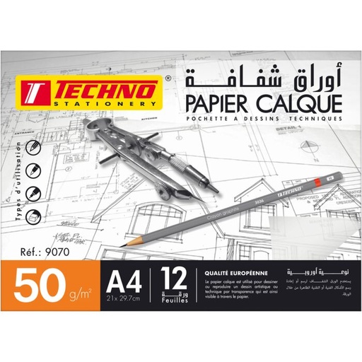 [9070] Papier Calque TECHNO A4 Pochette de 12 Feuilles