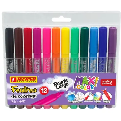 [4477] Feutre De Coloriage TECHNO Jumbo Lavable Pochette de 12 Couleurs