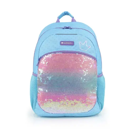 [234006012] Sac a Dos Scolaire GABOL Fantasy Motif Couronne PM 1 Compartiment Poche Externe à Paillettes Bleu Claire