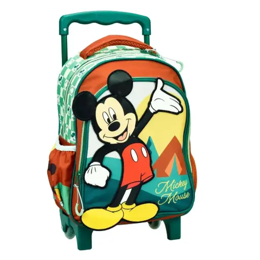 [340-88072] Sac à Dos Scolaire à Roulette GIM Motif Mickey Mouse Vert et Orange