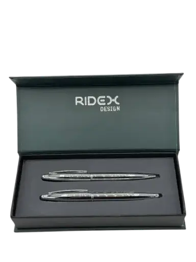 [SET1-SILVER] PARURE DE 2 STYLOS METAL LUXE  ROLLER&A BILLE RIDEX SILVER AVEC  BOITE RIDEX 