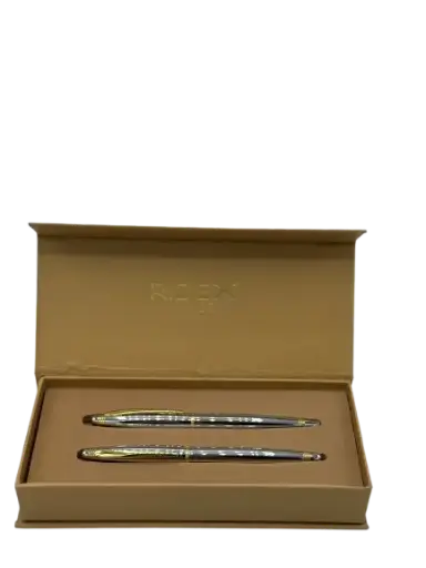 [SET1-SILVER&DORE] PARURE DE 2 STYLOS METAL LUXE  ROLLER&A BILLE RIDEX SILVER&DORE  AVEC BOITE RIDEX 